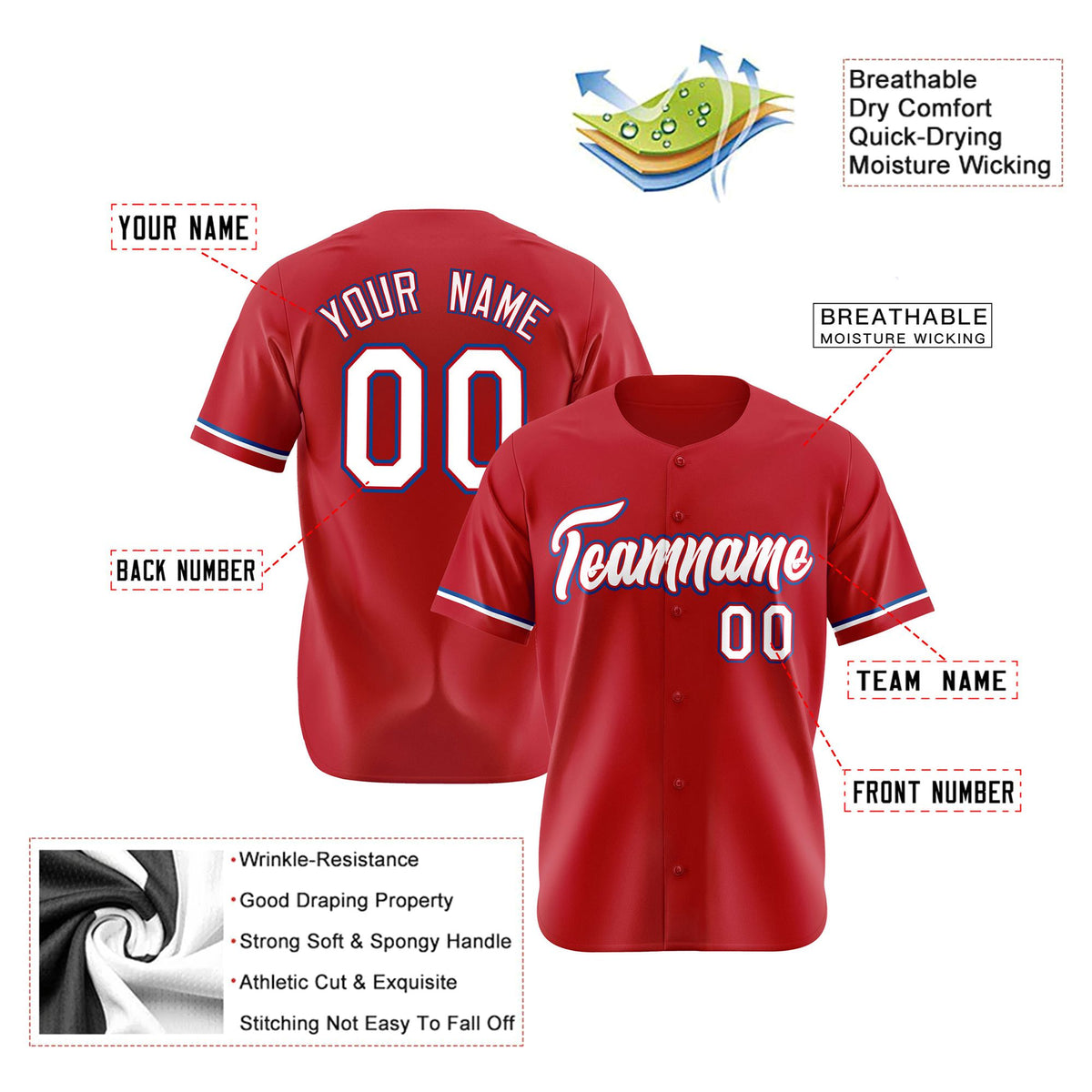 Custom Red White Blue Authentic Baseball Jersey