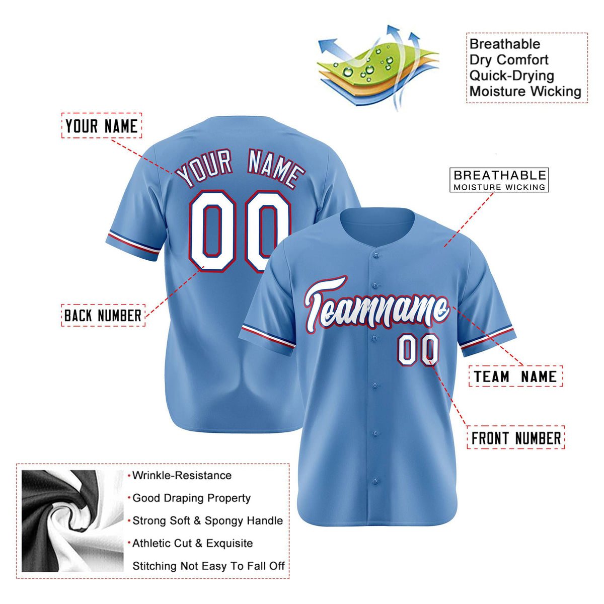Custom Light Blue White Red Authentic Baseball Jersey
