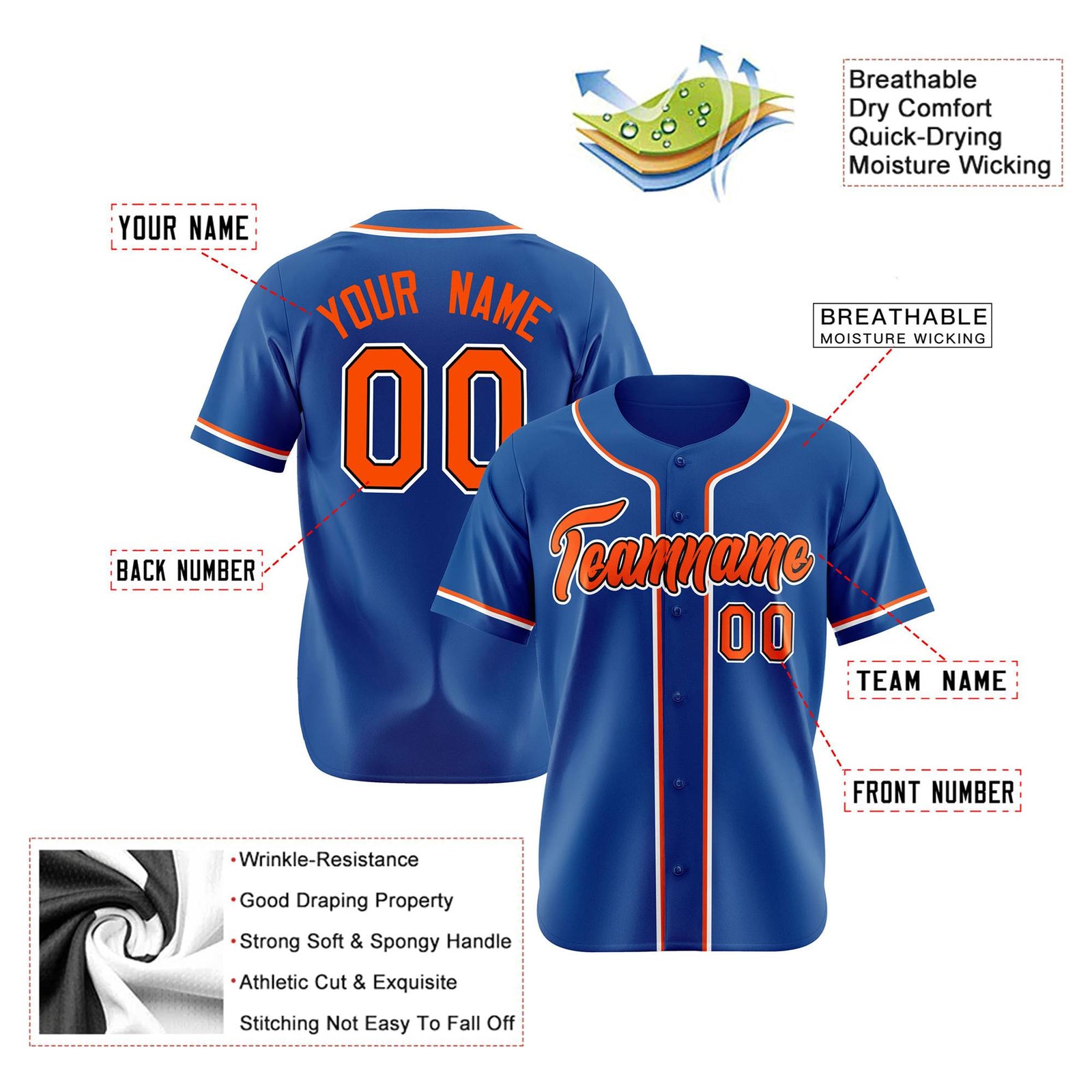Custom Royal Blue Orange White Authentic Baseball Jersey