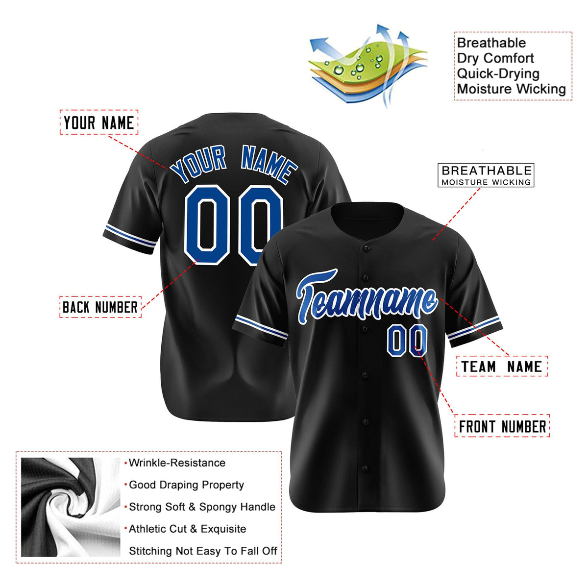 Custom Black Blue White Authentic Baseball Jersey