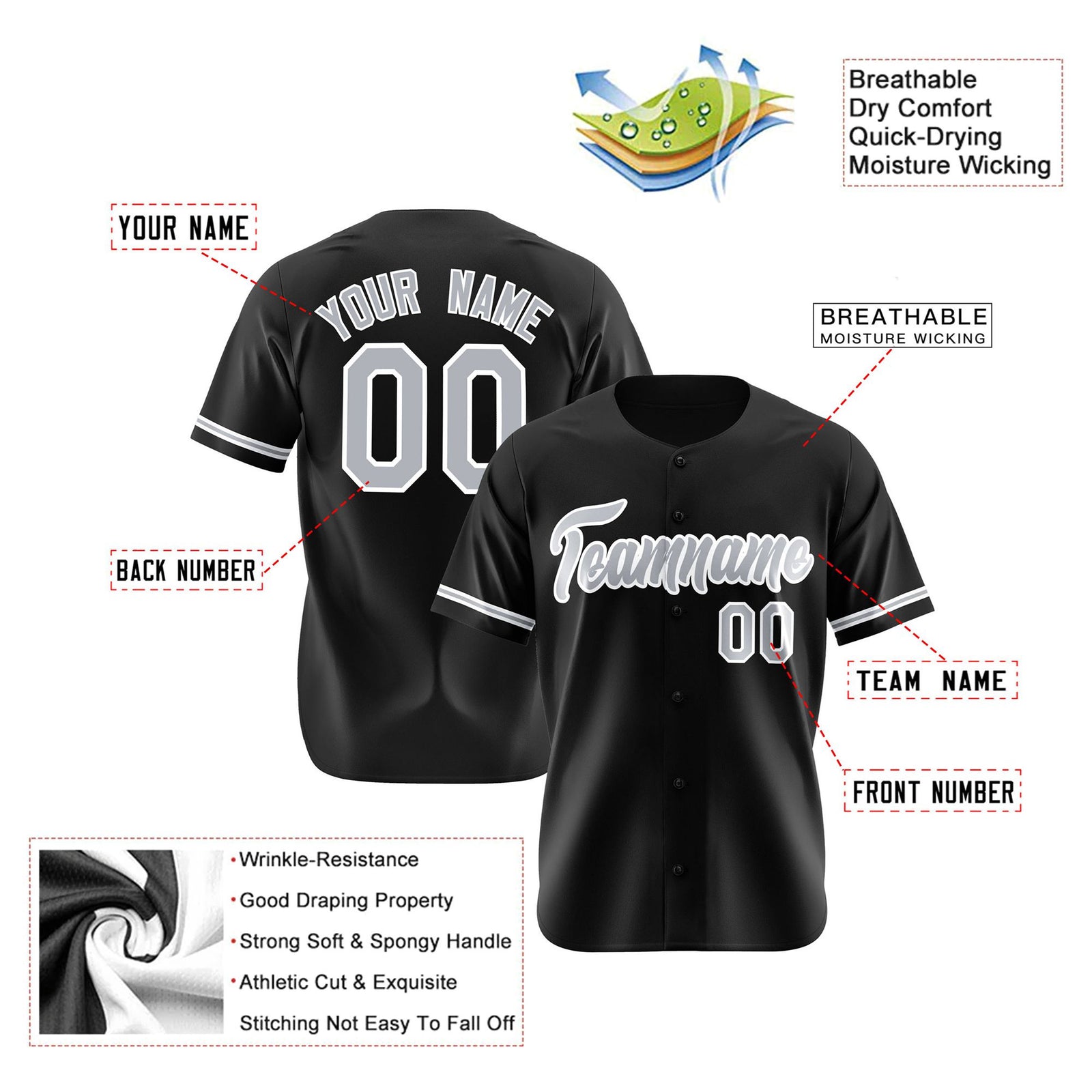 Custom Black Gray White Authentic Baseball Jersey