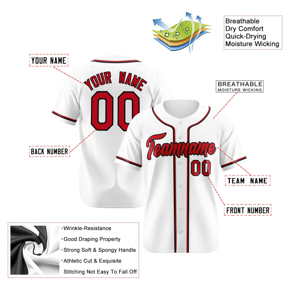 Custom White Red Black Authentic Baseball Jersey