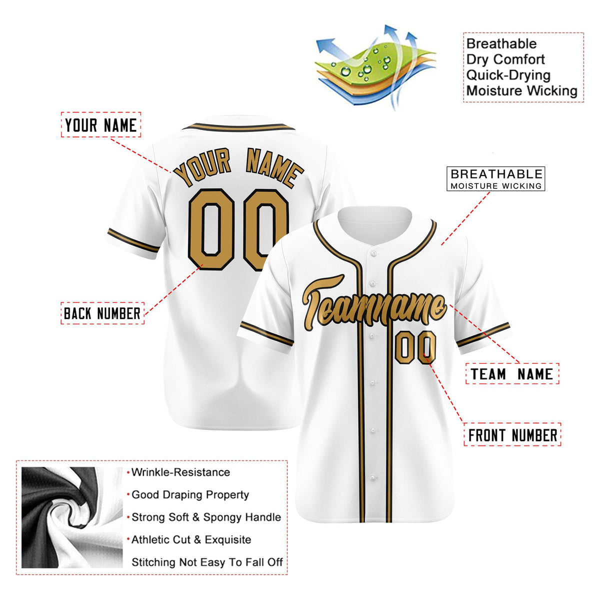 Custom White Old Gold Black Authentic Baseball Jersey