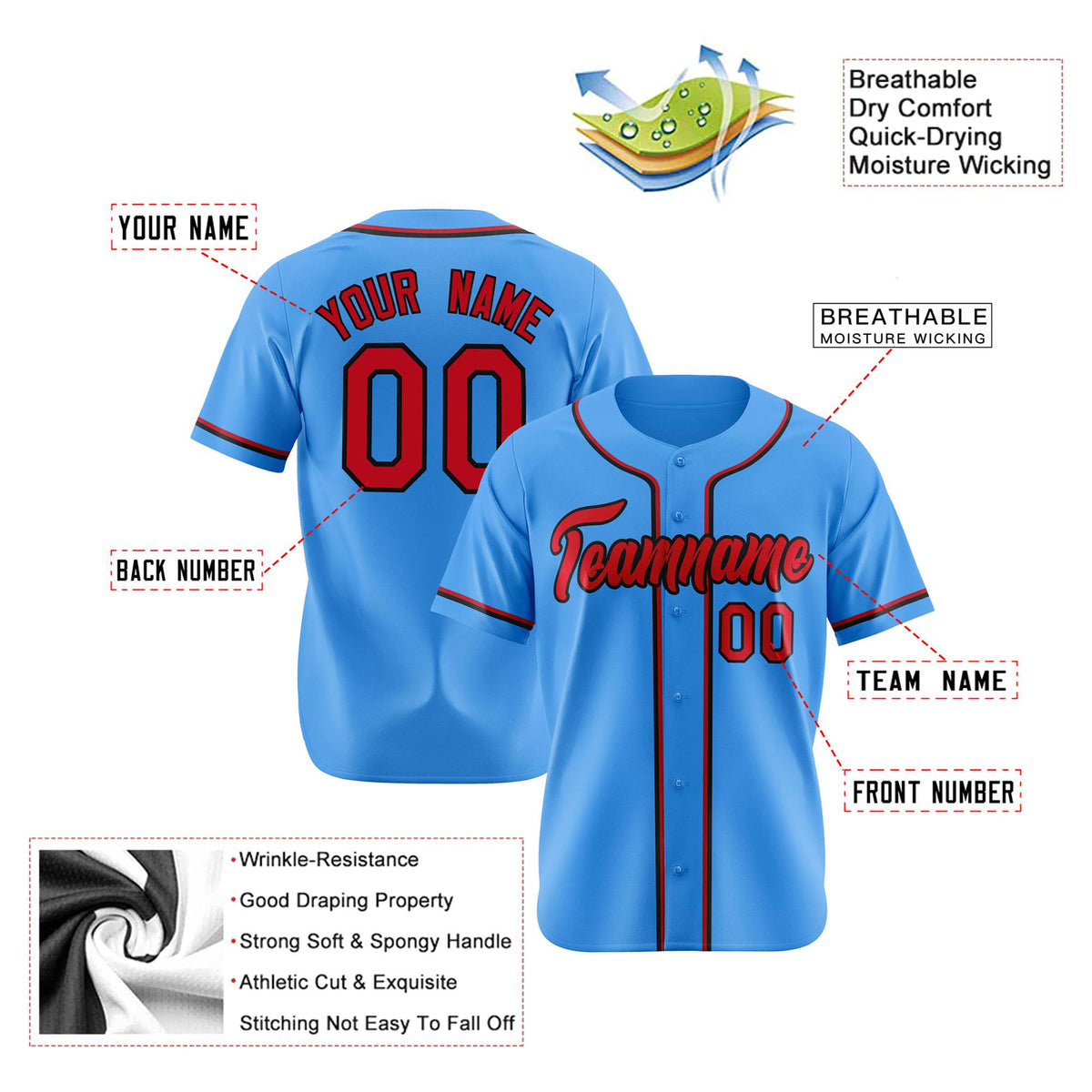 Custom Powder Blue Red Black Authentic Baseball Jersey