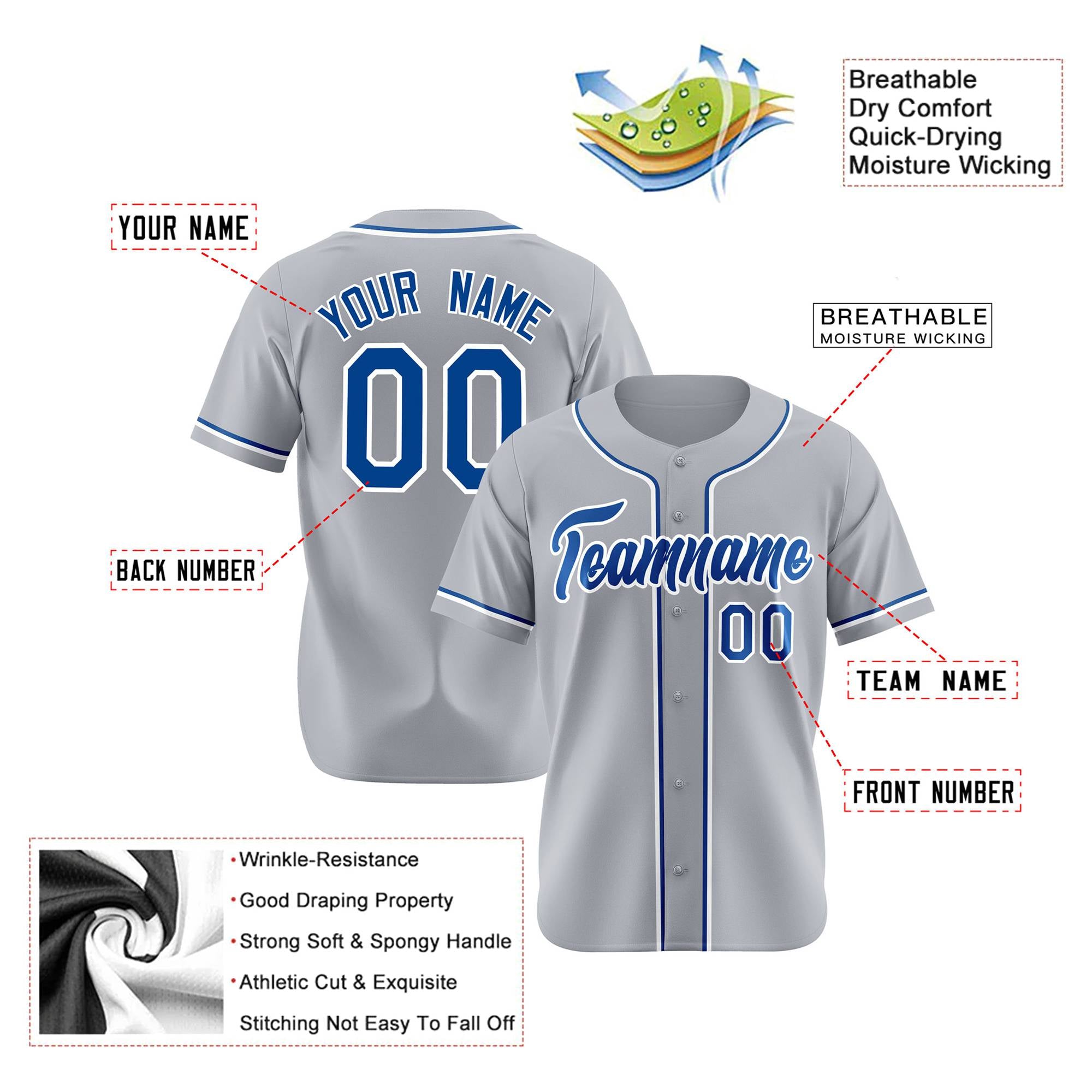 Custom Gray Blue White Authentic Baseball Jersey