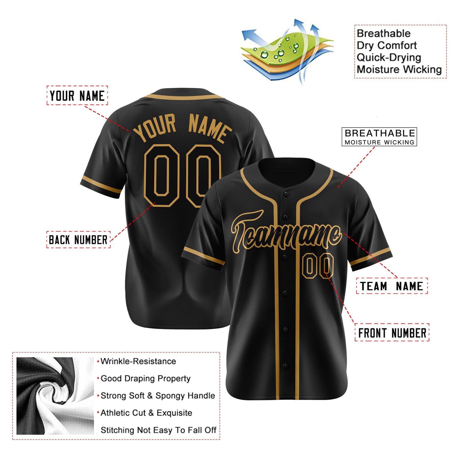 Custom Black Old Gold Authentic Baseball Jersey