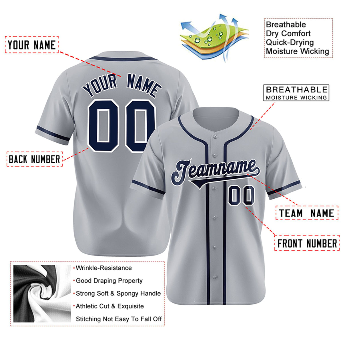 Custom Gray Navy Classic Style Authentic Baseball Jersey