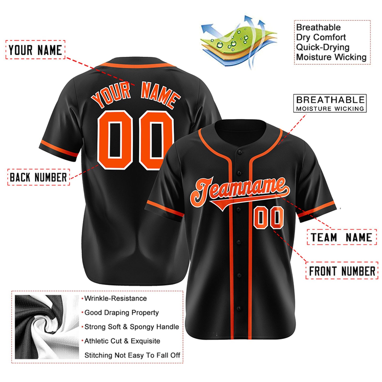 Custom Black Orange Classic Style Authentic Baseball Jersey