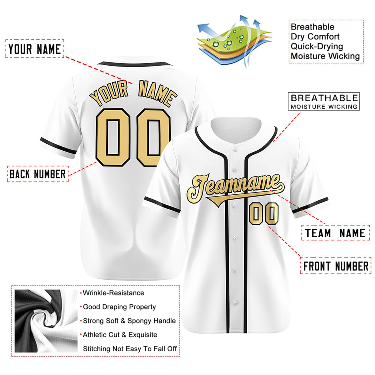Custom White Glod-Black Classic Style Authentic Baseball Jersey
