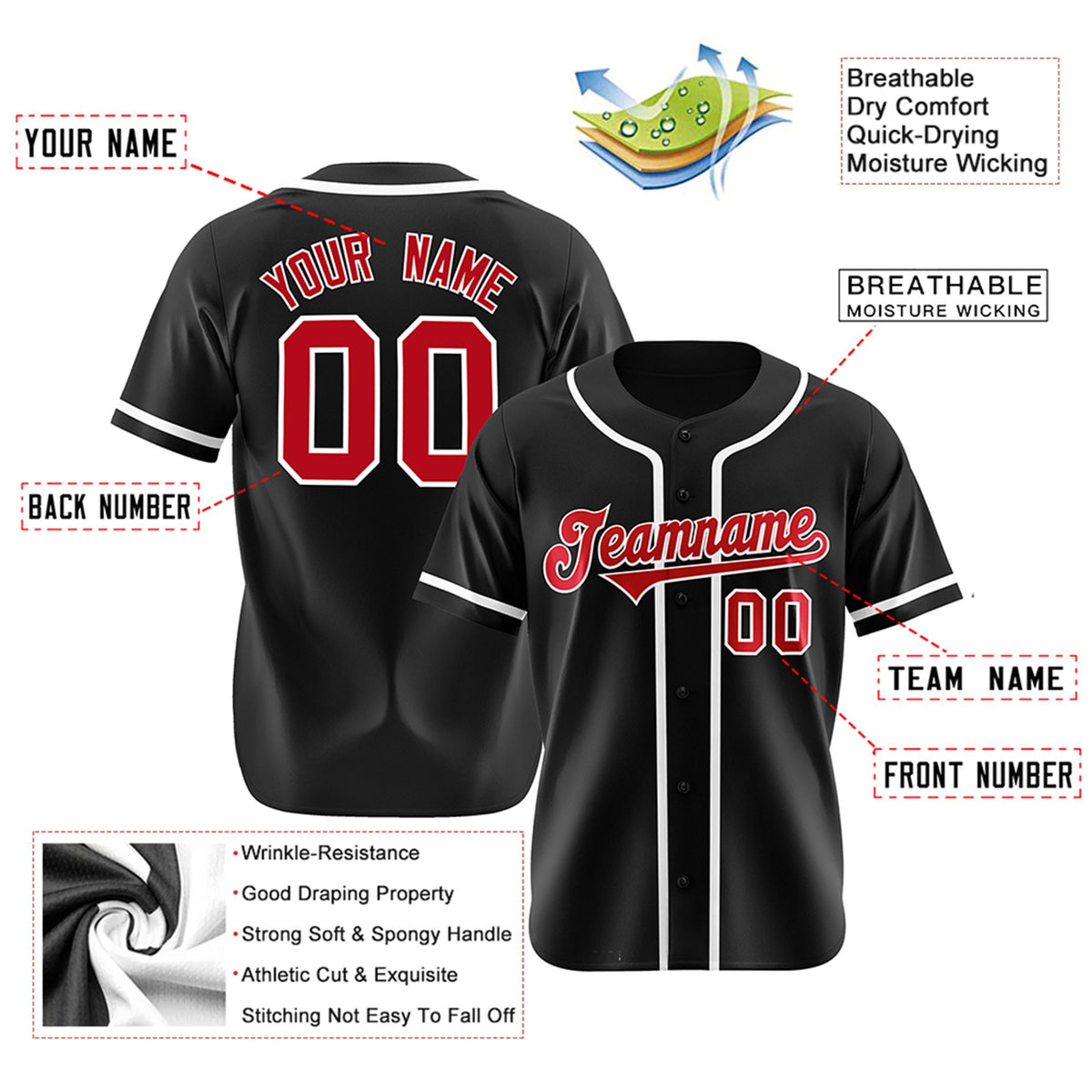Custom Black Red-White Classic Style Authentic Baseball Jersey