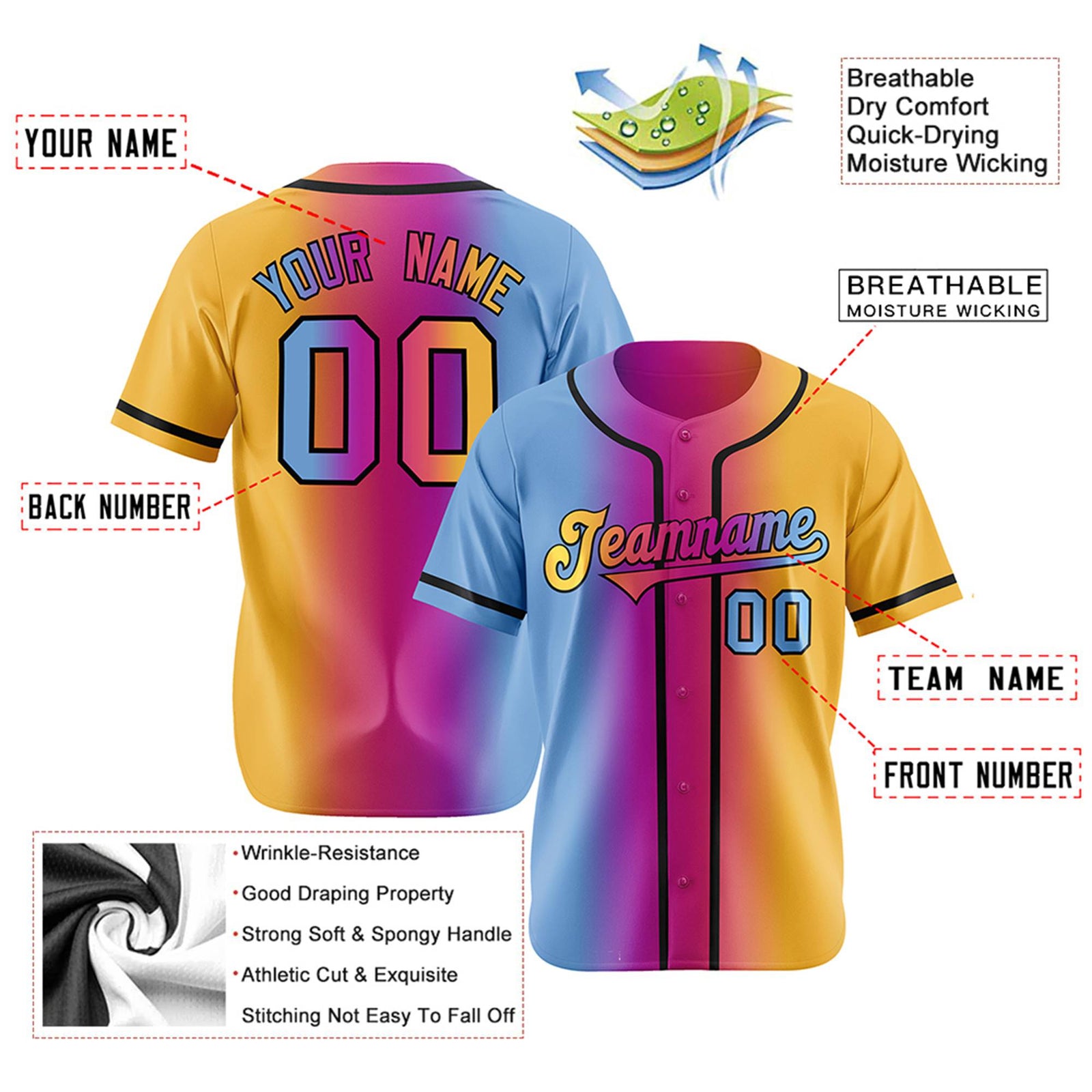 Custom Light Blue Pink-Yellow Gradient Style Authentic Baseball Jersey
