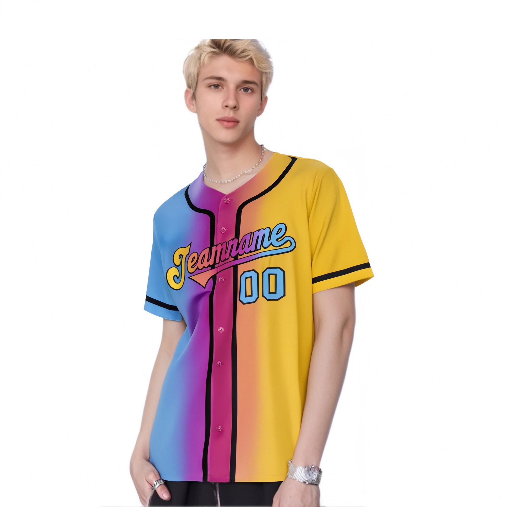 Custom Light Blue Pink-Yellow Gradient Style Authentic Baseball Jersey