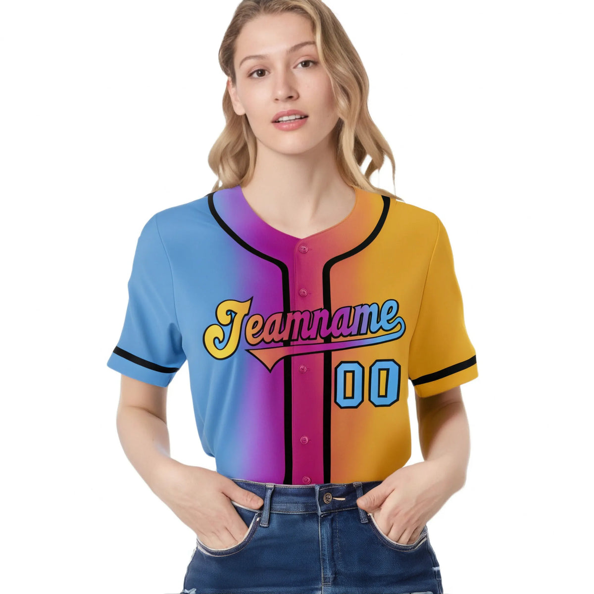 Custom Light Blue Pink-Yellow Gradient Style Authentic Baseball Jersey