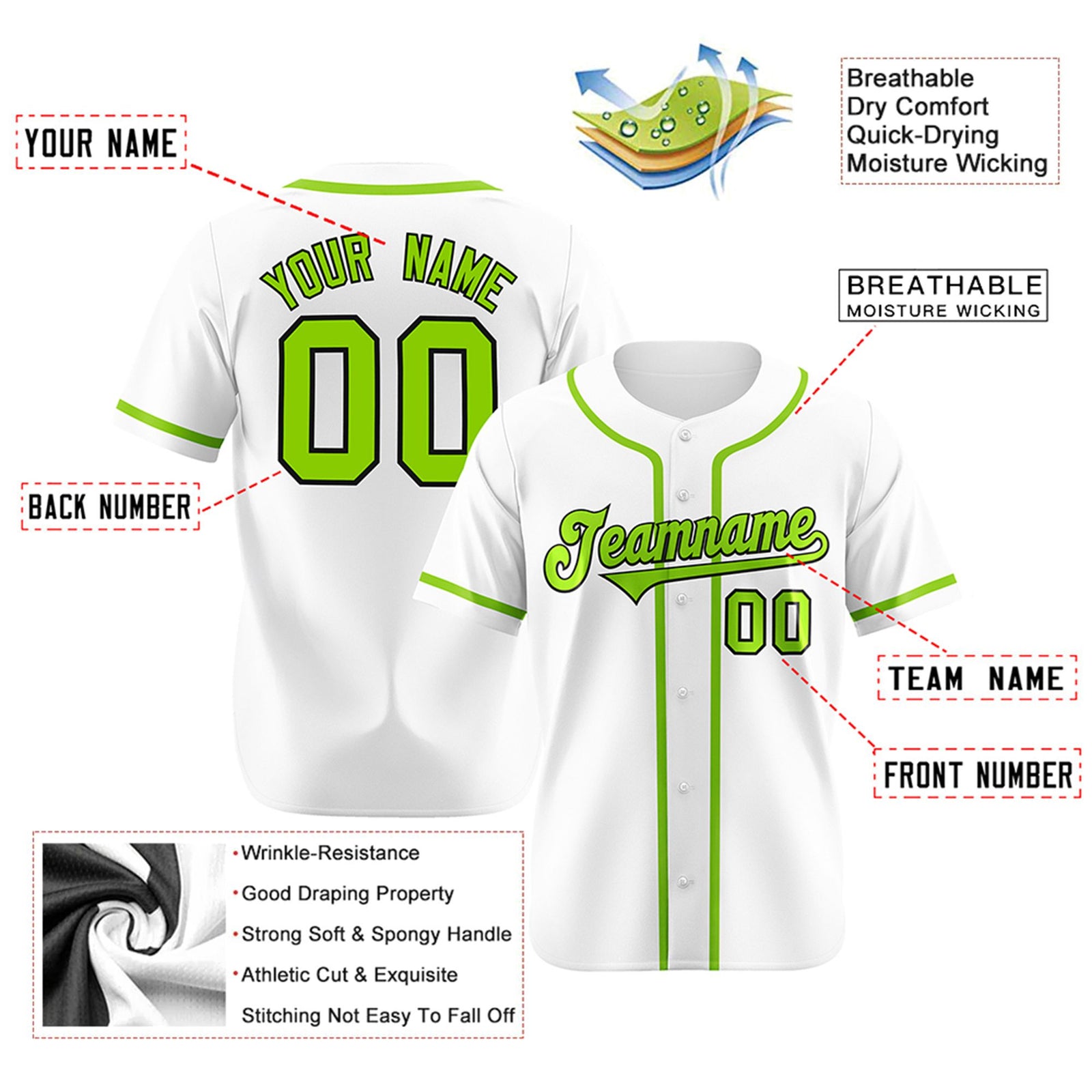 Custom White Neon Green Classic Style Authentic Baseball Jersey