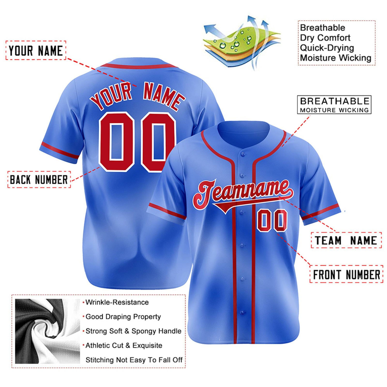 Custom Powder Blue Red Classic Style Authentic Baseball Jersey