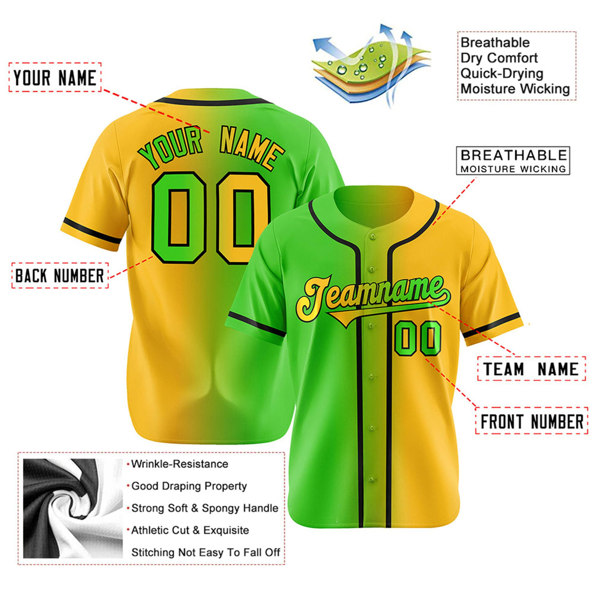 Custom Green Yellow Gradient Style Authentic Baseball Jersey