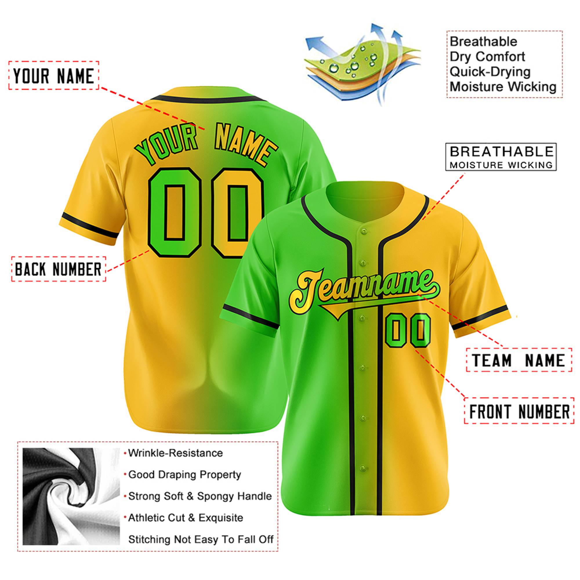 Custom Green Yellow Gradient Style Authentic Baseball Jersey