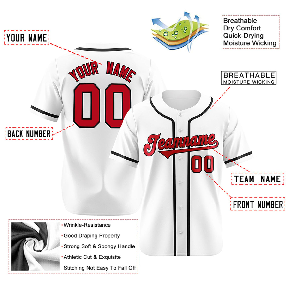 Custom White Red-Black Classic Style Authentic Baseball Jersey