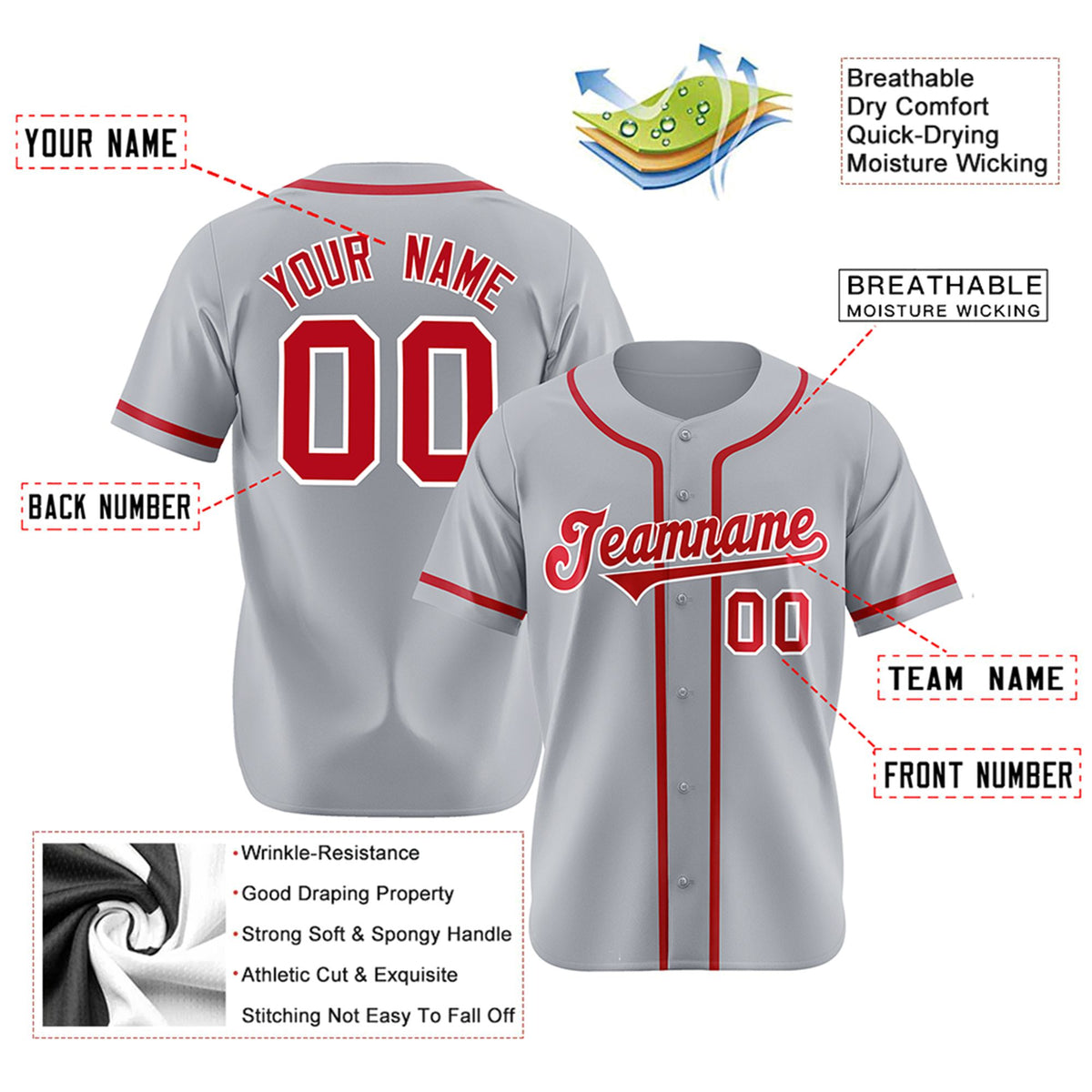 Custom Gray Red-White Classic Style Authentic Baseball Jersey