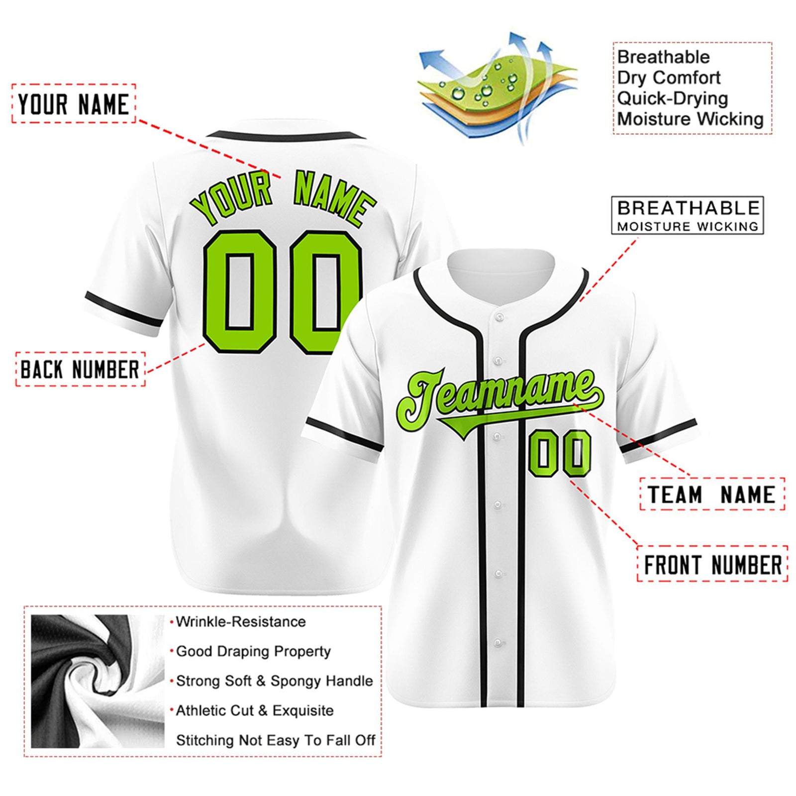 Custom White Neon Green-Black Classic Style Authentic Baseball Jersey