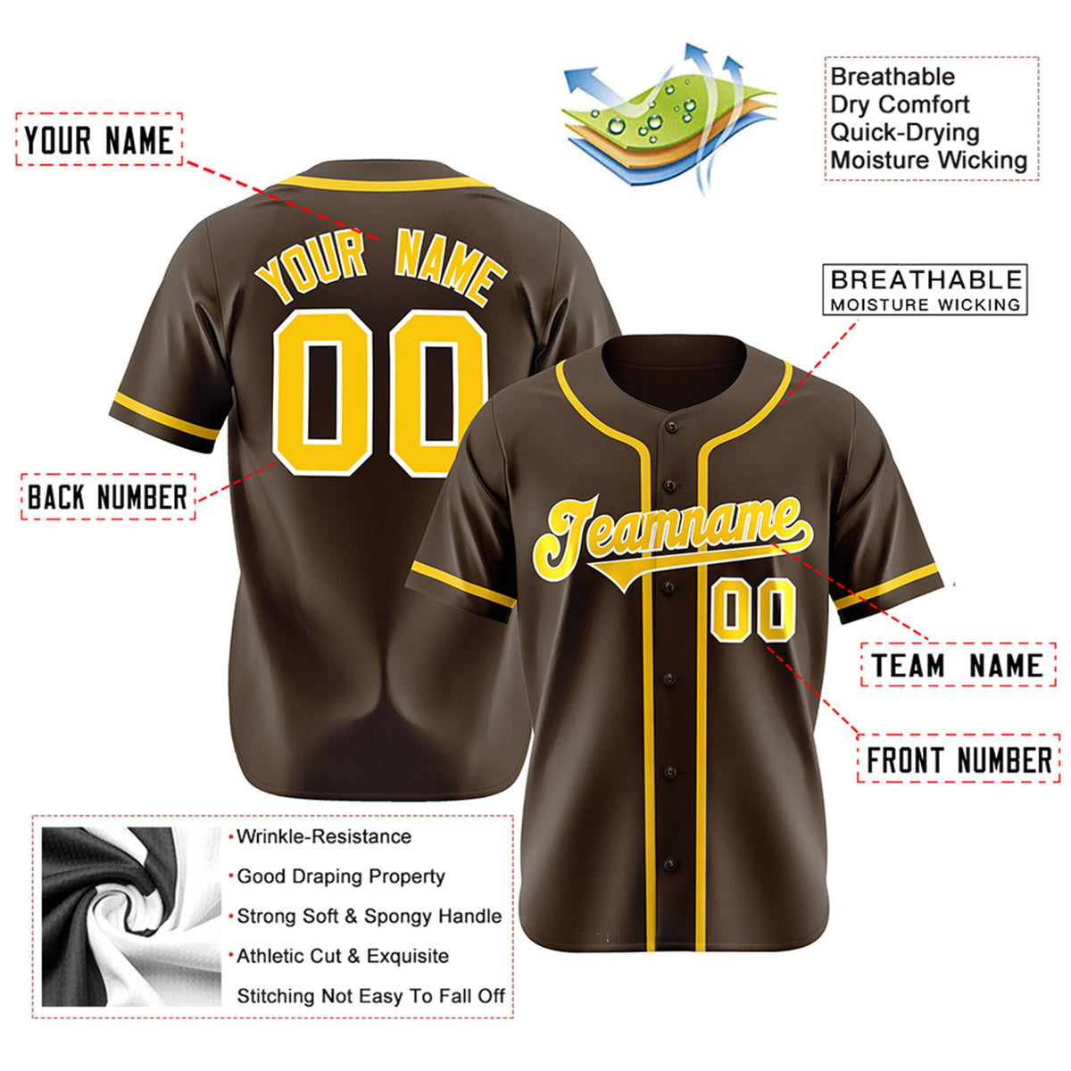 Custom Brown Glod Classic Style Authentic Baseball Jersey