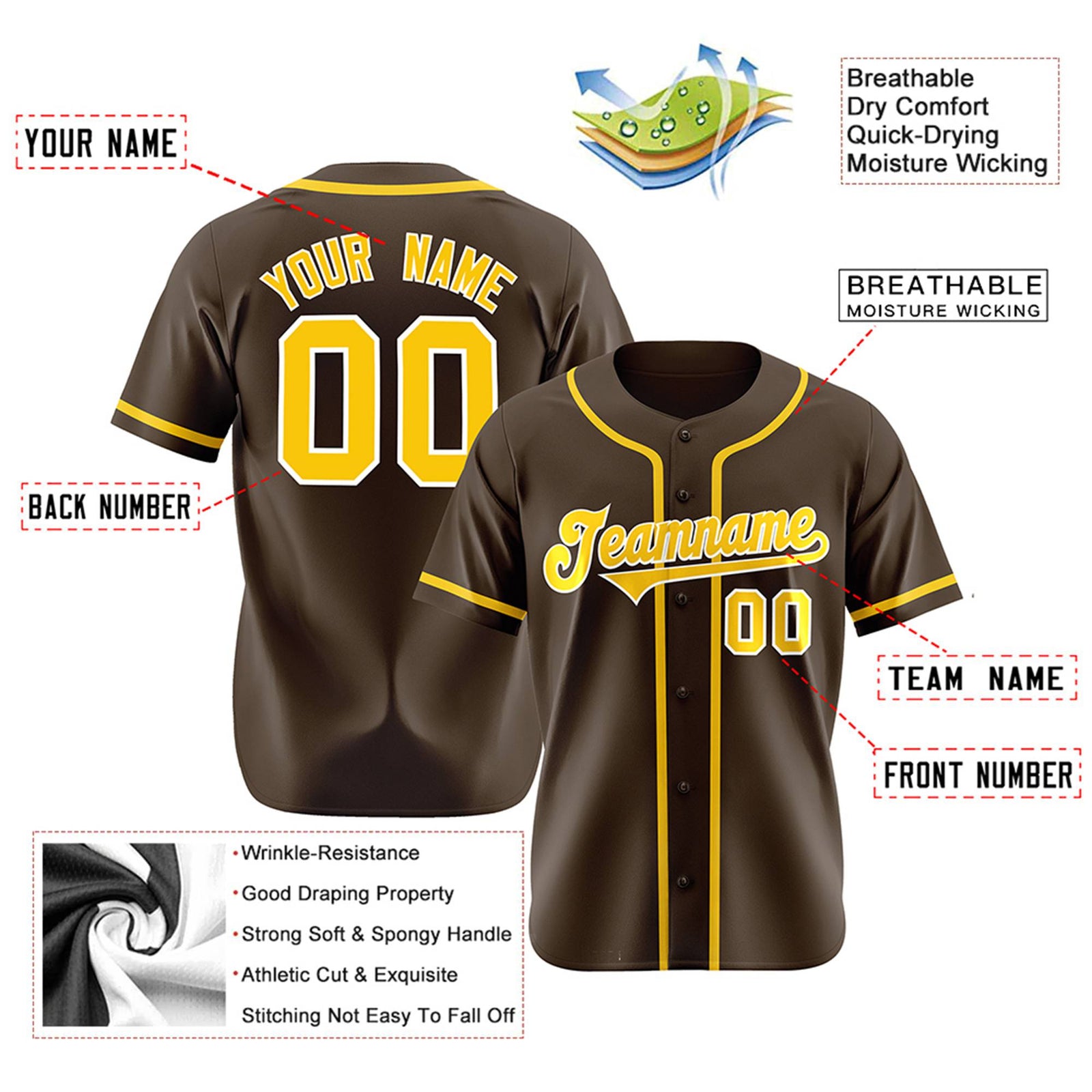 Custom Brown Glod Classic Style Authentic Baseball Jersey
