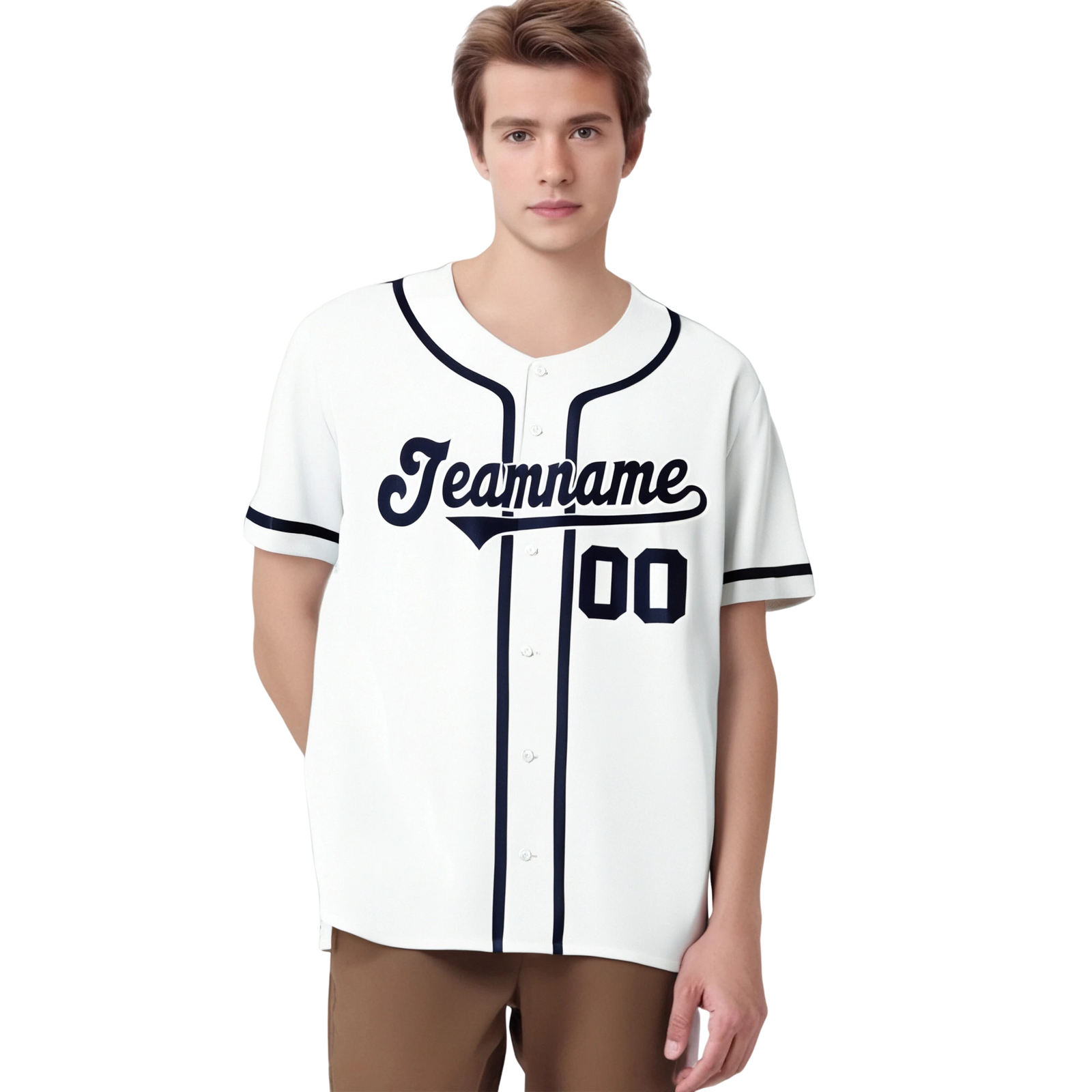 Camiseta de béisbol auténtica, estilo clásico, blanca y azul marino, personalizada
