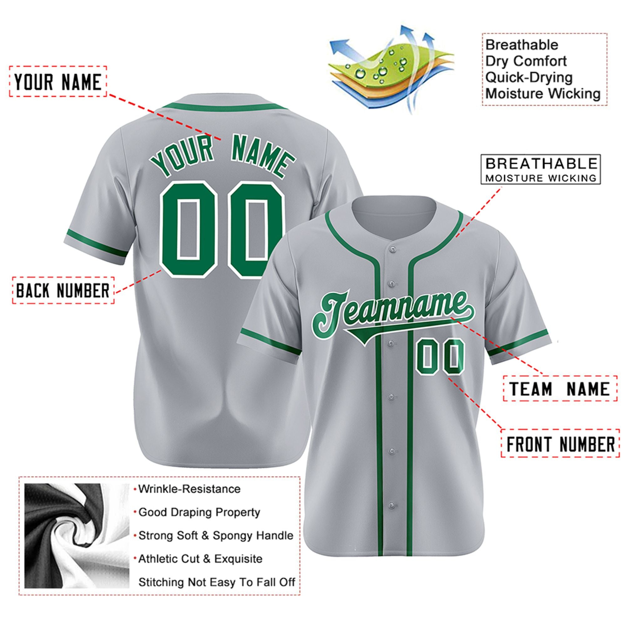 Custom Gray Kelly Green Classic Style Authentic Baseball Jersey