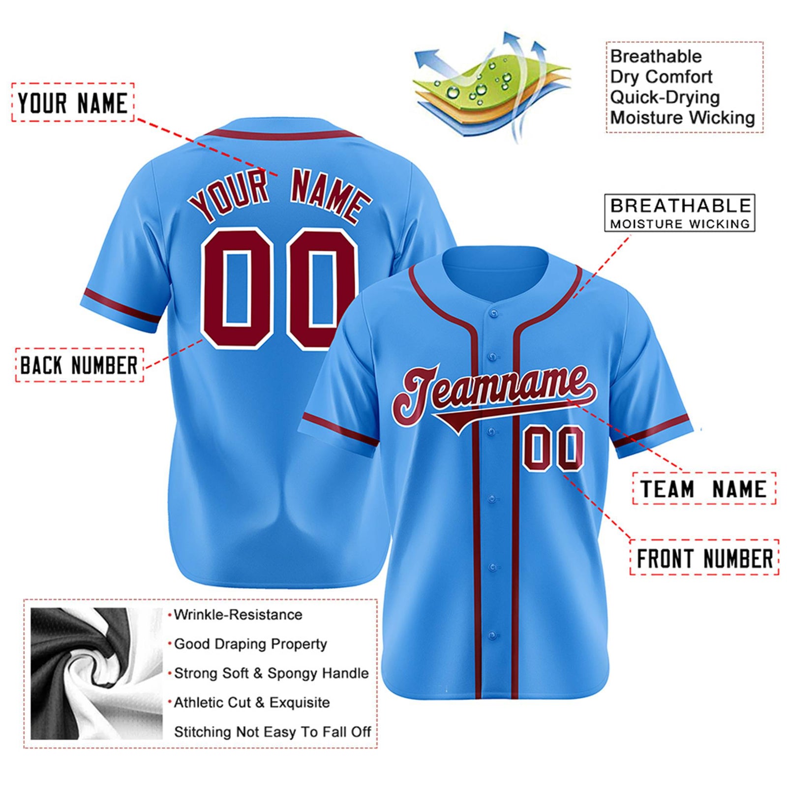 Custom Powder Blue Crimson Classic Style Authentic Baseball Jersey