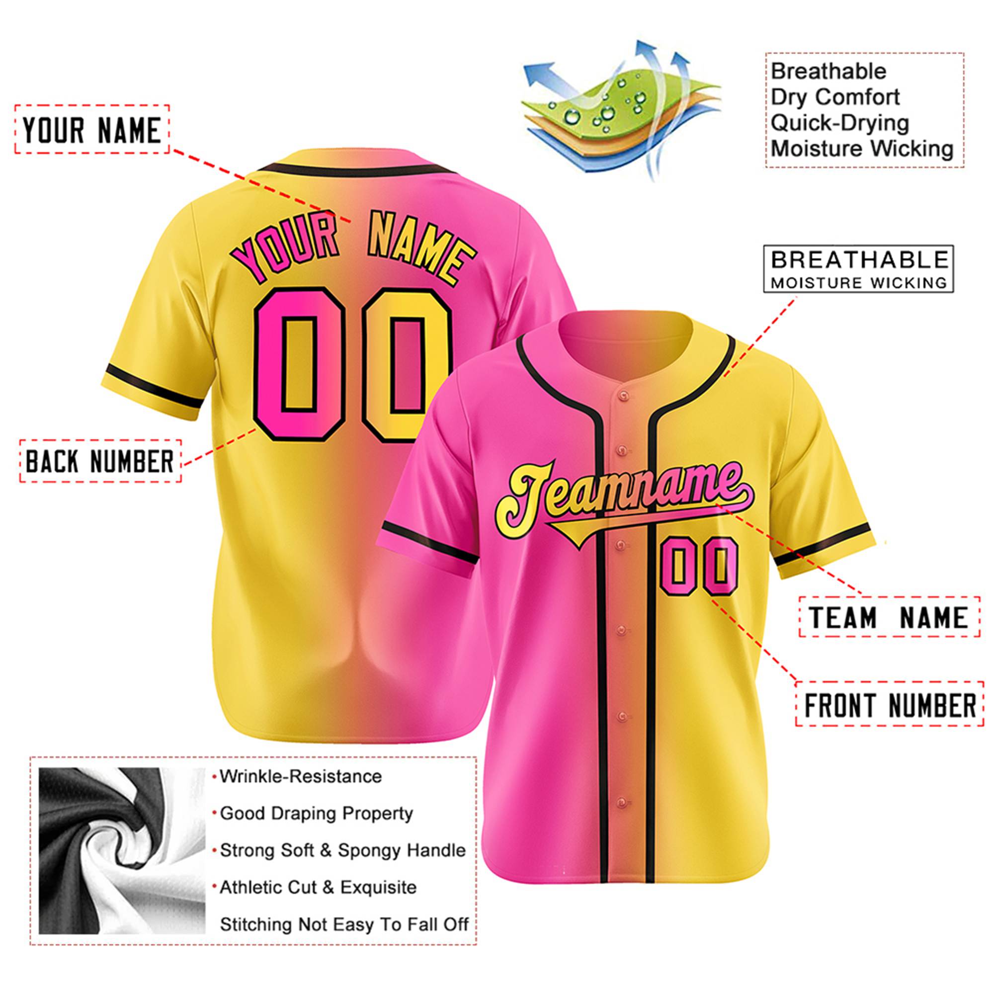 Custom Pink Yellow Gradient Authentic Baseball Jersey