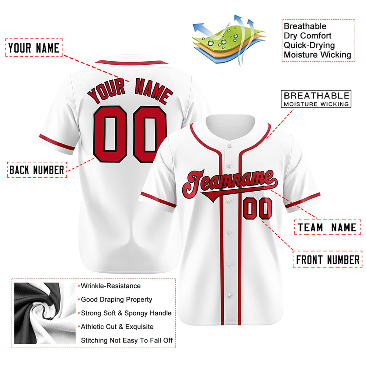Custom White Red Classic Style Authentic Baseball Jersey