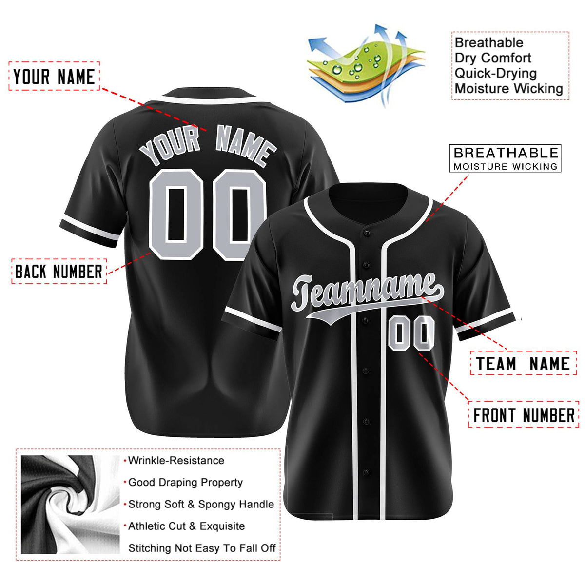 Custom Black Gray-White Classic Style Authentic Baseball Jersey