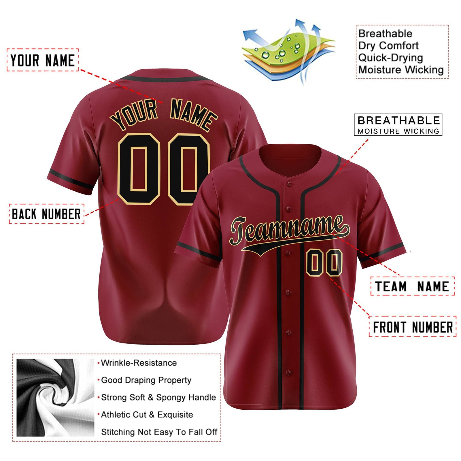 Custom Crimson Black Classic Style Authentic Baseball Jersey