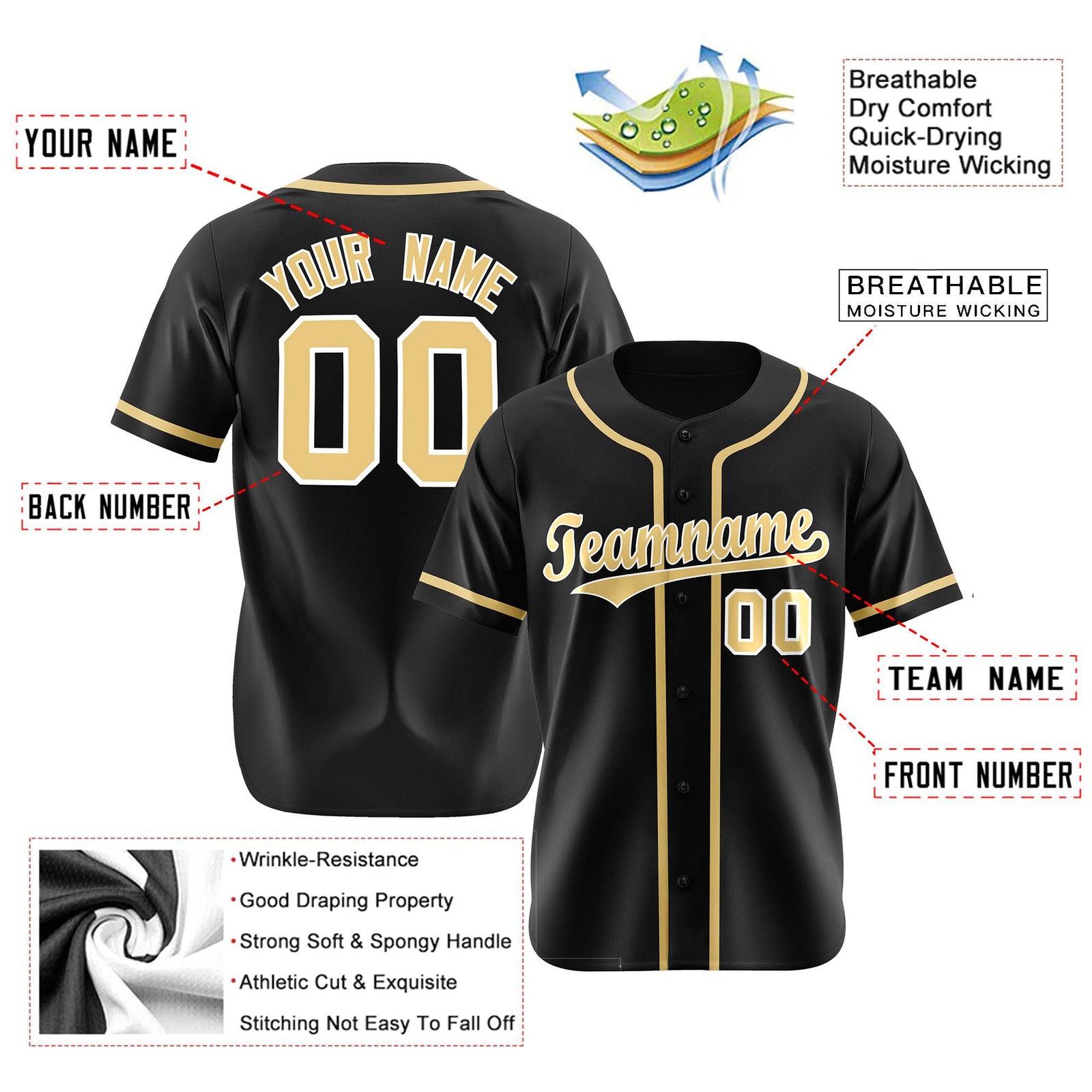Custom Black Khaki Classic Style Authentic Baseball Jersey