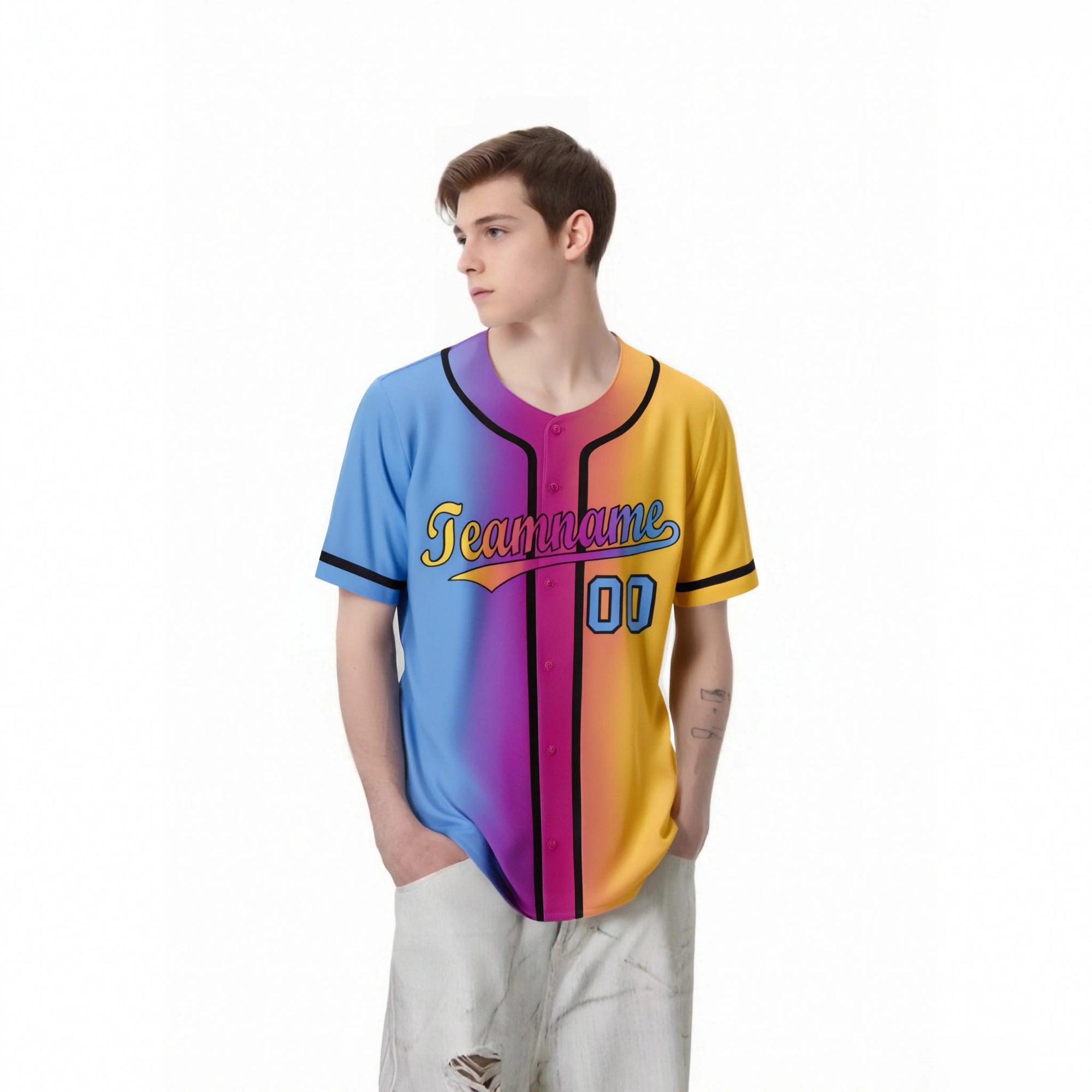 Custom Light Blue Pink-Yellow Gradient Style Authentic Baseball Jersey