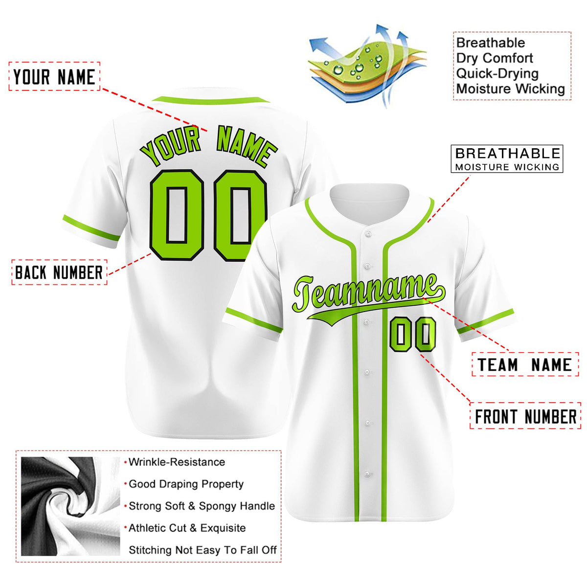 Custom White Neon Green Classic Style Authentic Baseball Jersey