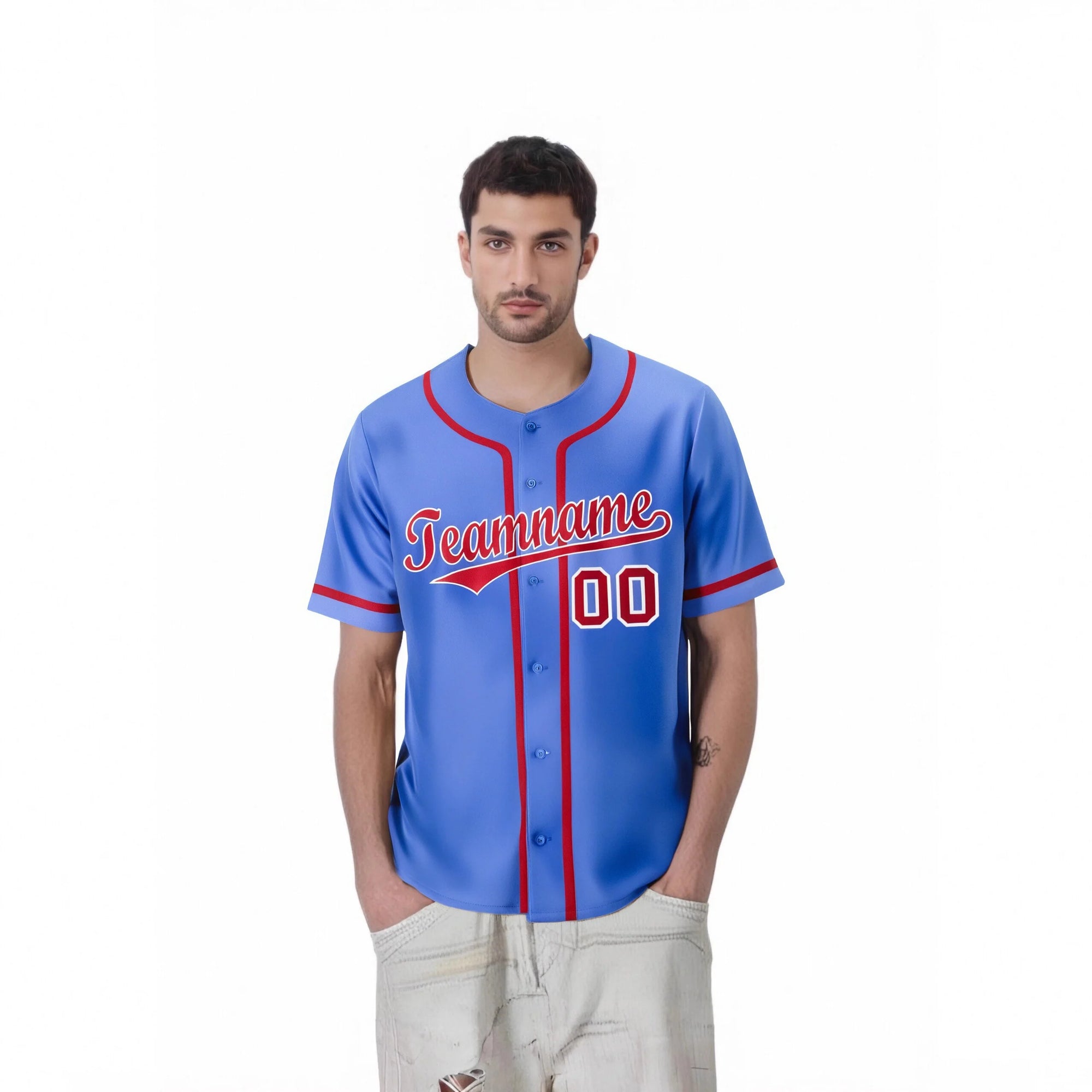 Custom Powder Blue Red Classic Style Authentic Baseball Jersey