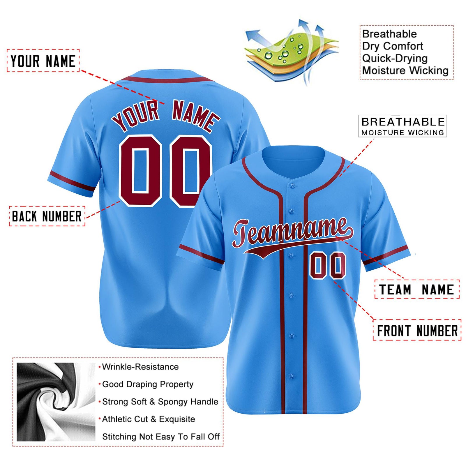 Custom Powder Blue Crimson Classic Style Authentic Baseball Jersey