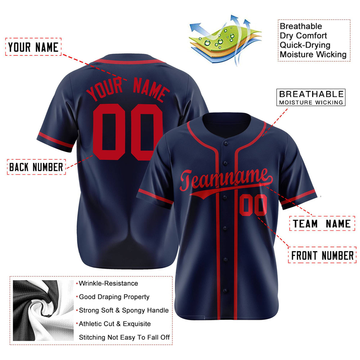 Custom Navy Red Classic Style Authentic Baseball Jersey