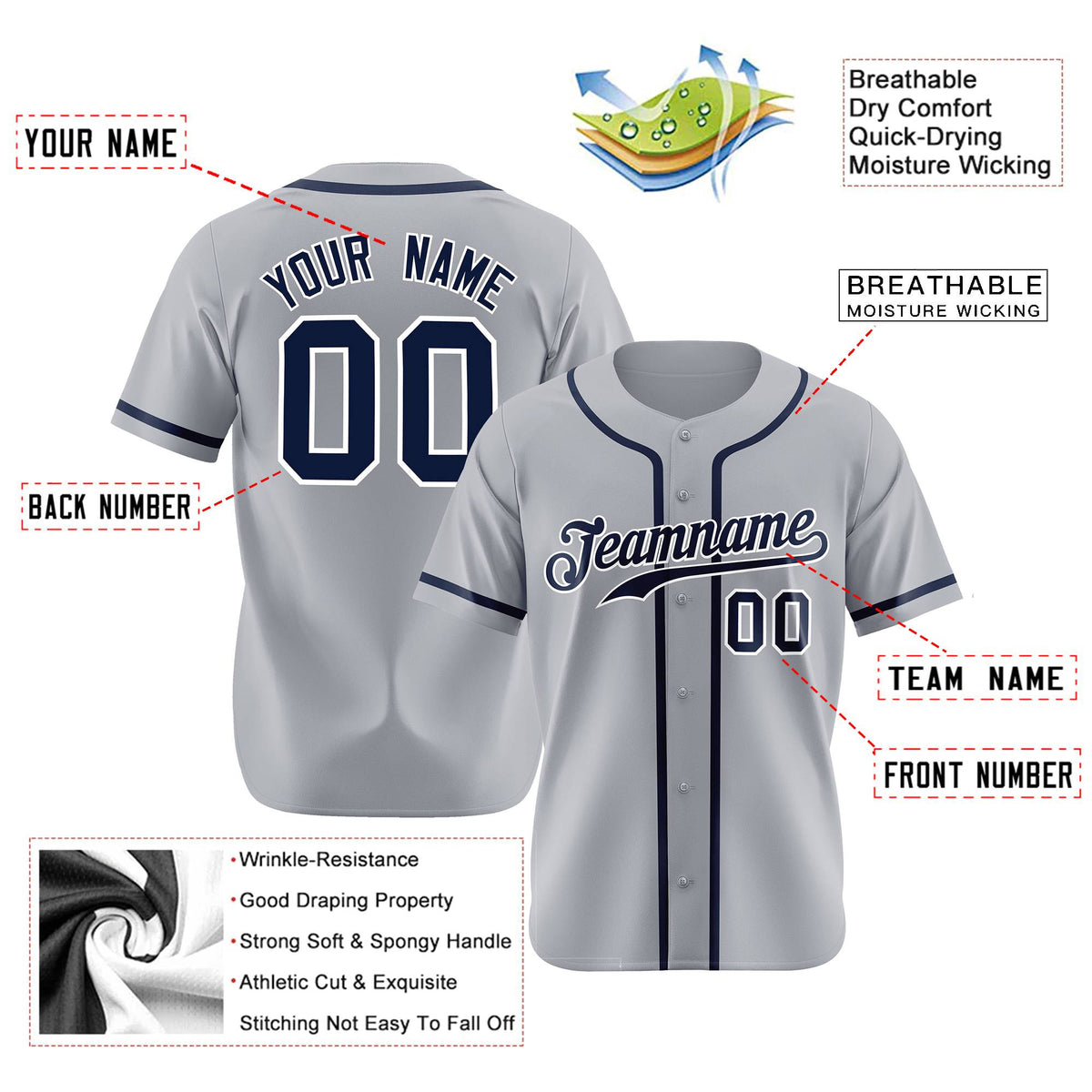 Custom Gray Navy Classic Style Authentic Baseball Jersey