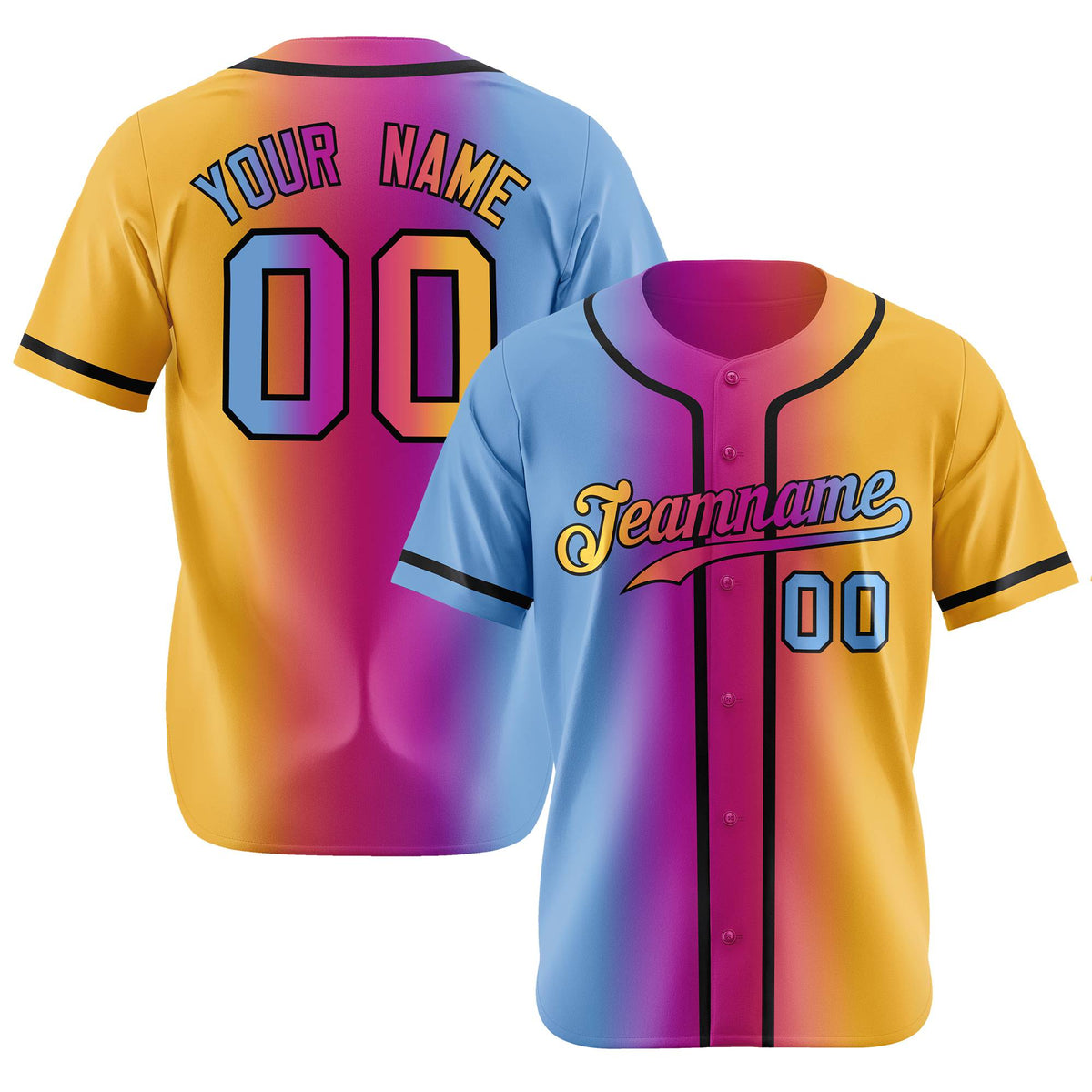 Custom Light Blue Pink-Yellow Gradient Style Authentic Baseball Jersey