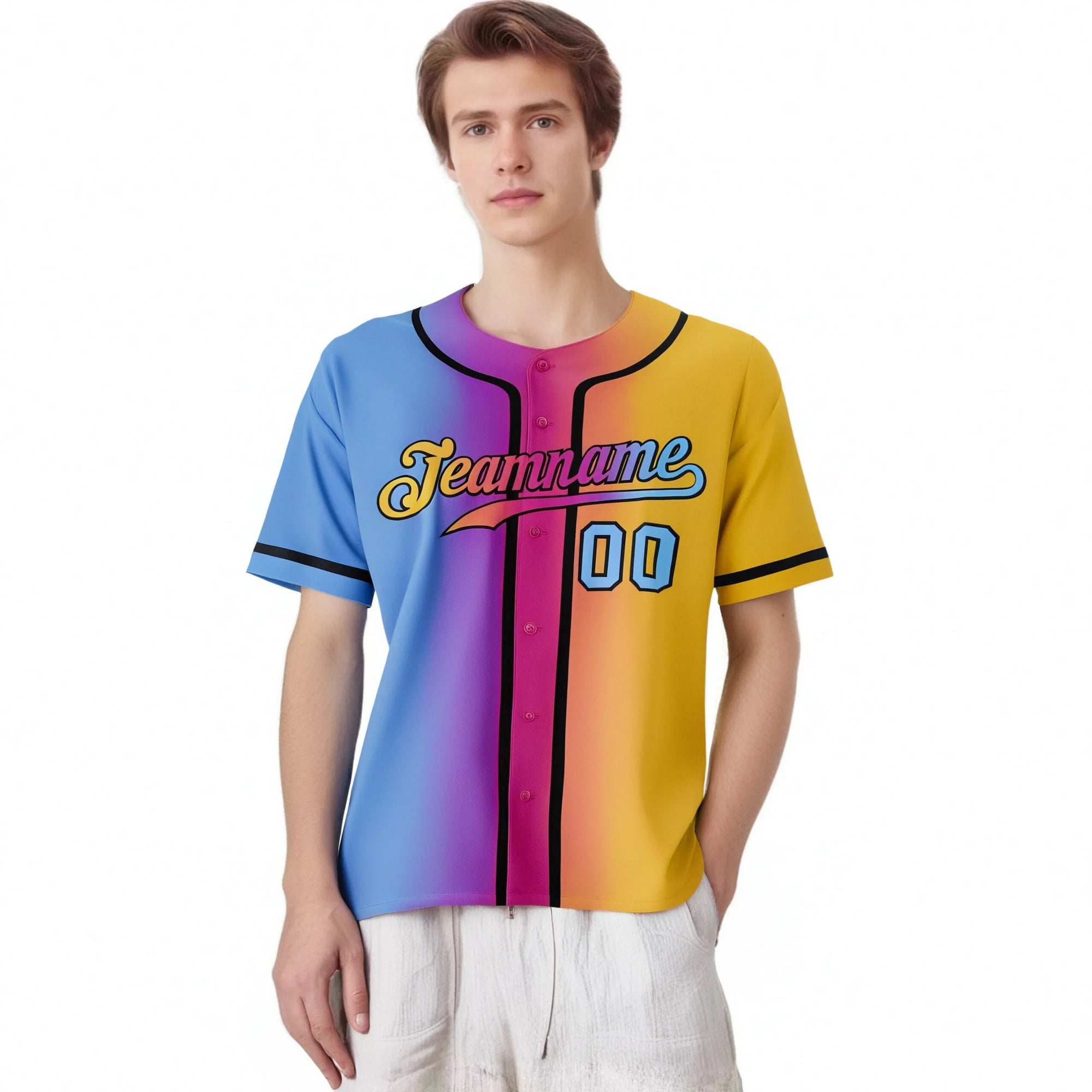 Custom Light Blue Pink-Yellow Gradient Style Authentic Baseball Jersey