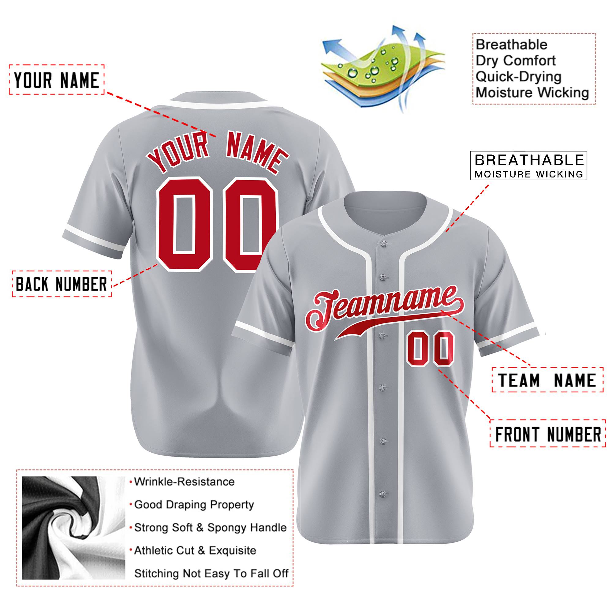 Custom Gray Red-White Classic Style Authentic Baseball Jersey