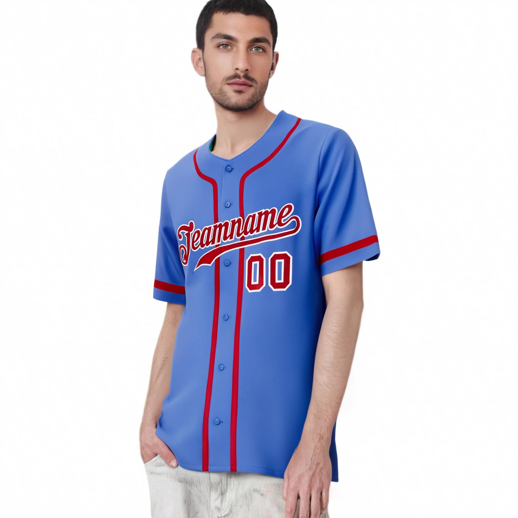 Custom Powder Blue Red Classic Style Authentic Baseball Jersey