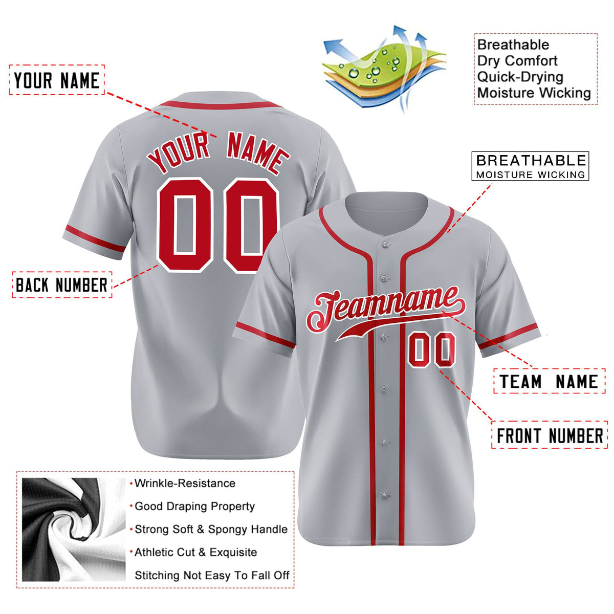 Custom Gray Red-White Classic Style Authentic Baseball Jersey