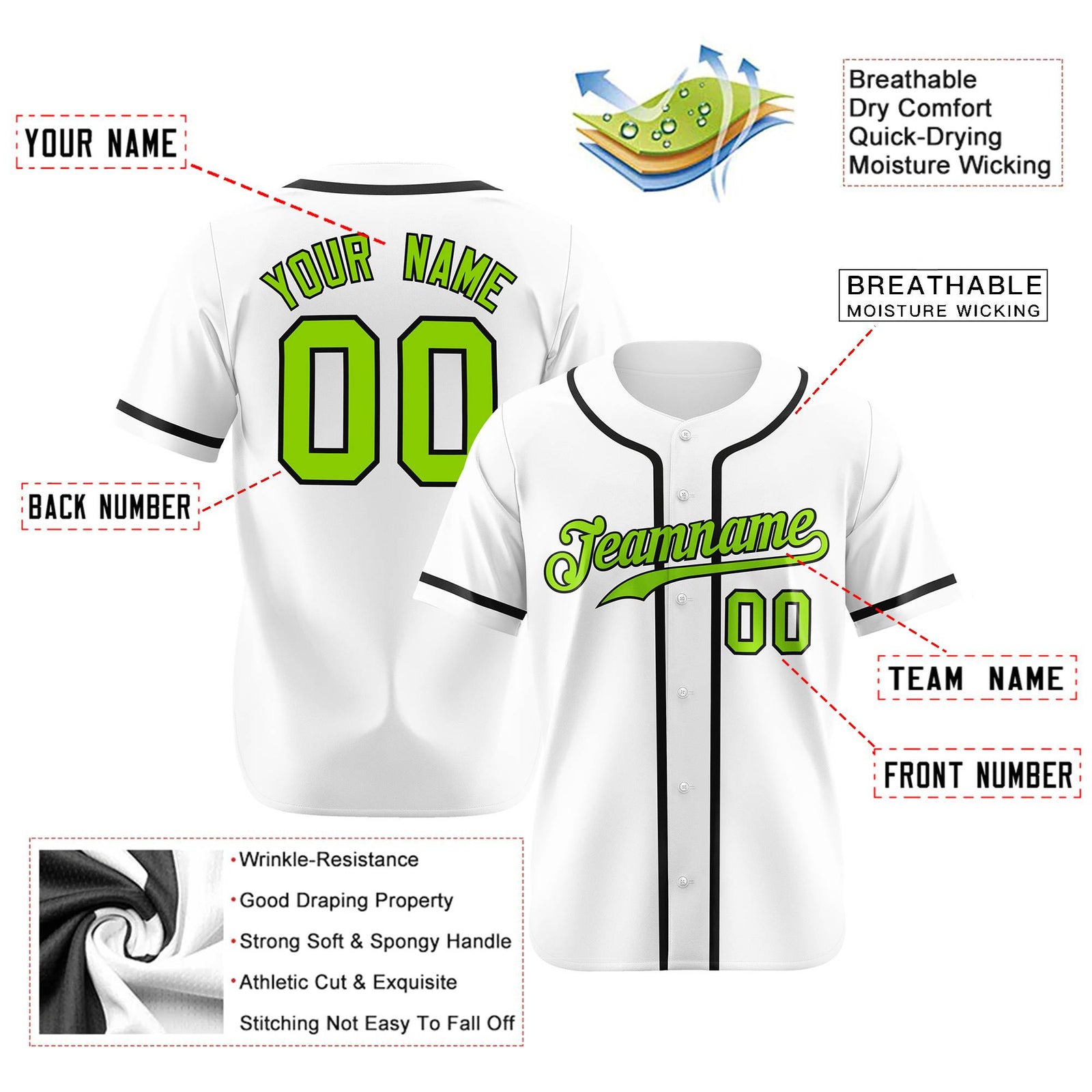 Custom White Neon Green-Black Classic Style Authentic Baseball Jersey
