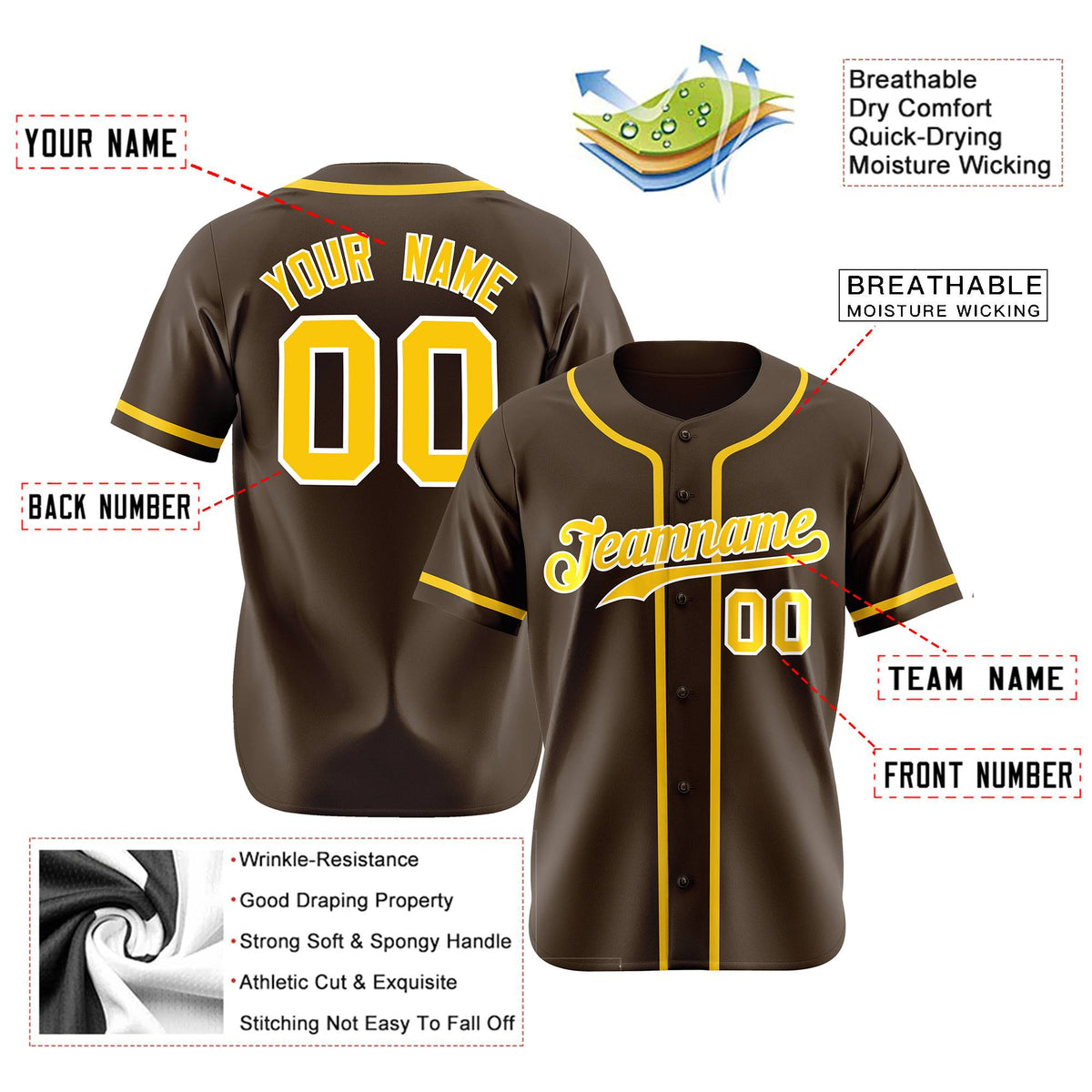 Custom Brown Glod Classic Style Authentic Baseball Jersey