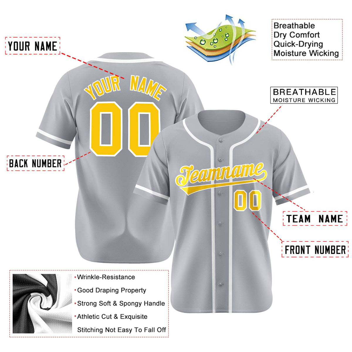 Custom Gray Glod White Classic Style Authentic Baseball Jersey