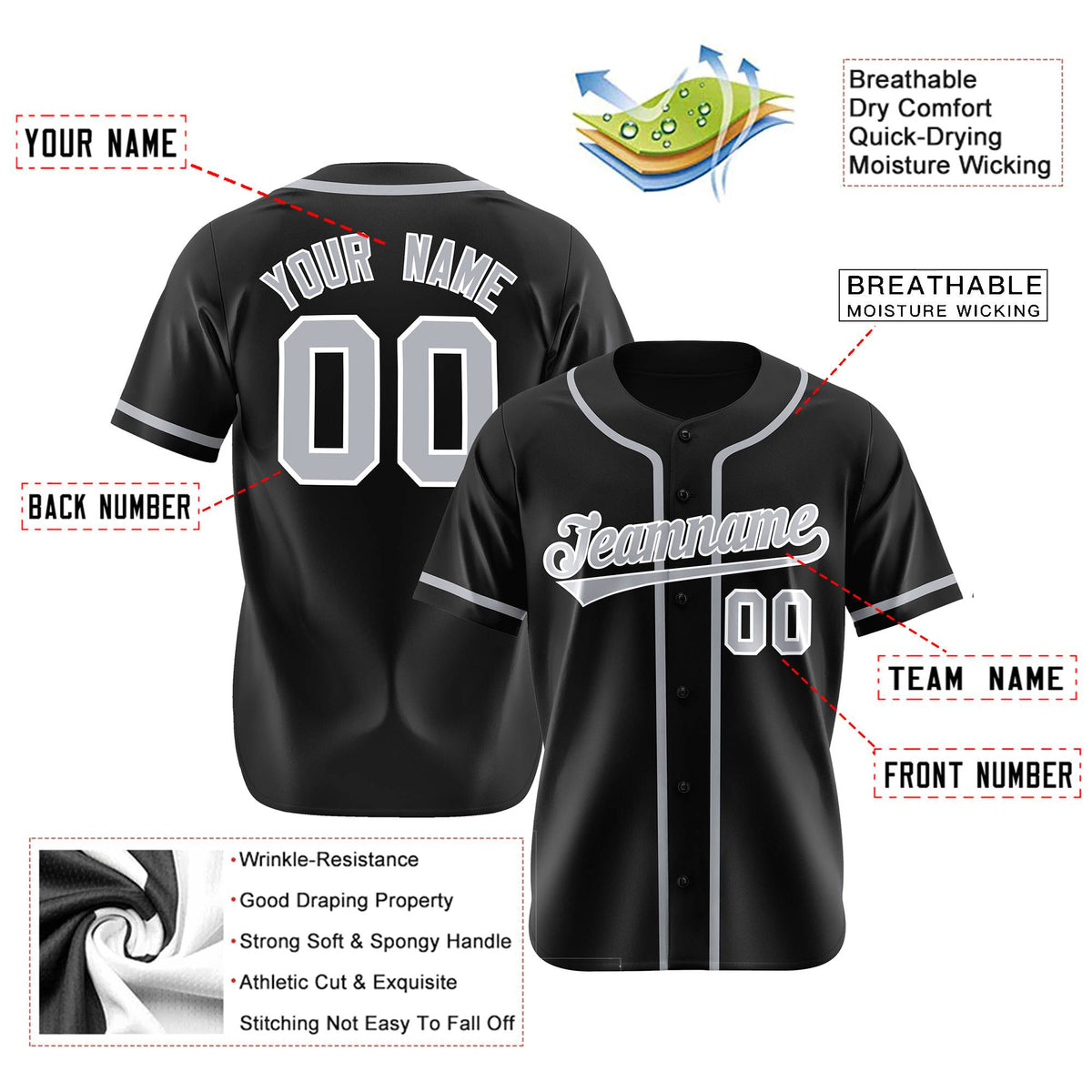 Custom Black Gray Classic Style Authentic Baseball Jersey