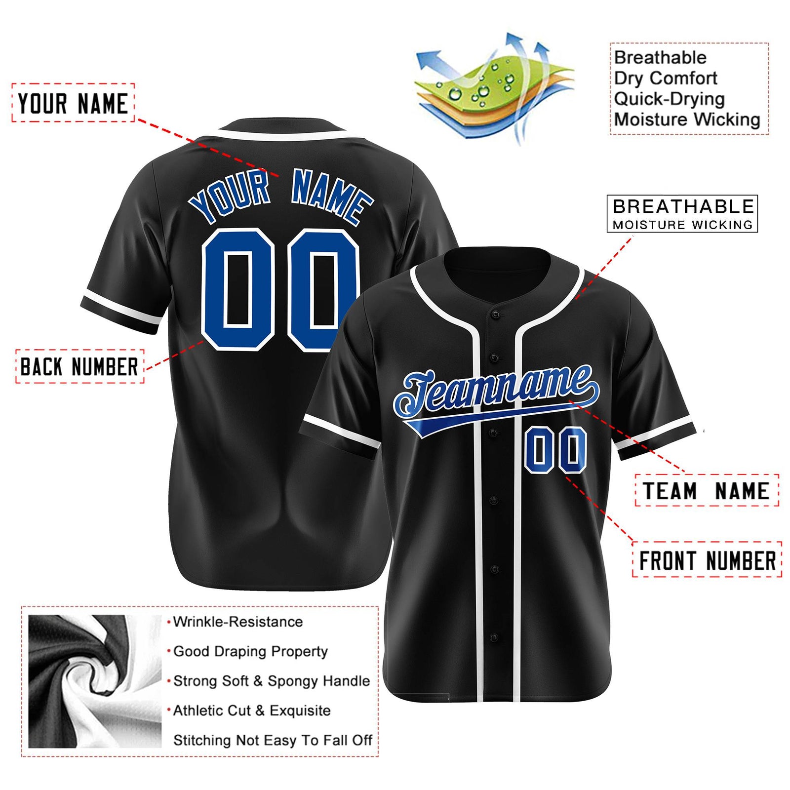Custom Black Royal Blue-White Classic Style Authentic Baseball Jersey